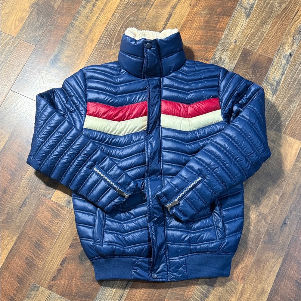 Robert Phillipe Blue Puffer Jacket Stripe Detail Sherpa Lined Size Medium